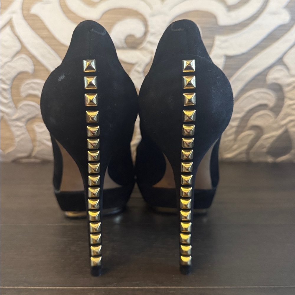 Vince Camuto Black Suede High Heel Platform Pump with Gold Heel Accents